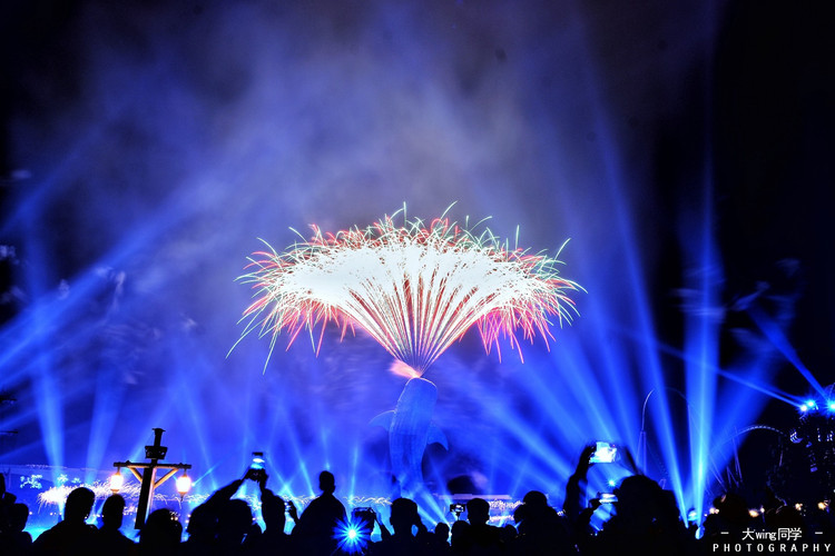 烟花汇演会在每晚8点准时开始,除了烟花,还有音乐喷泉和水上飞人表演